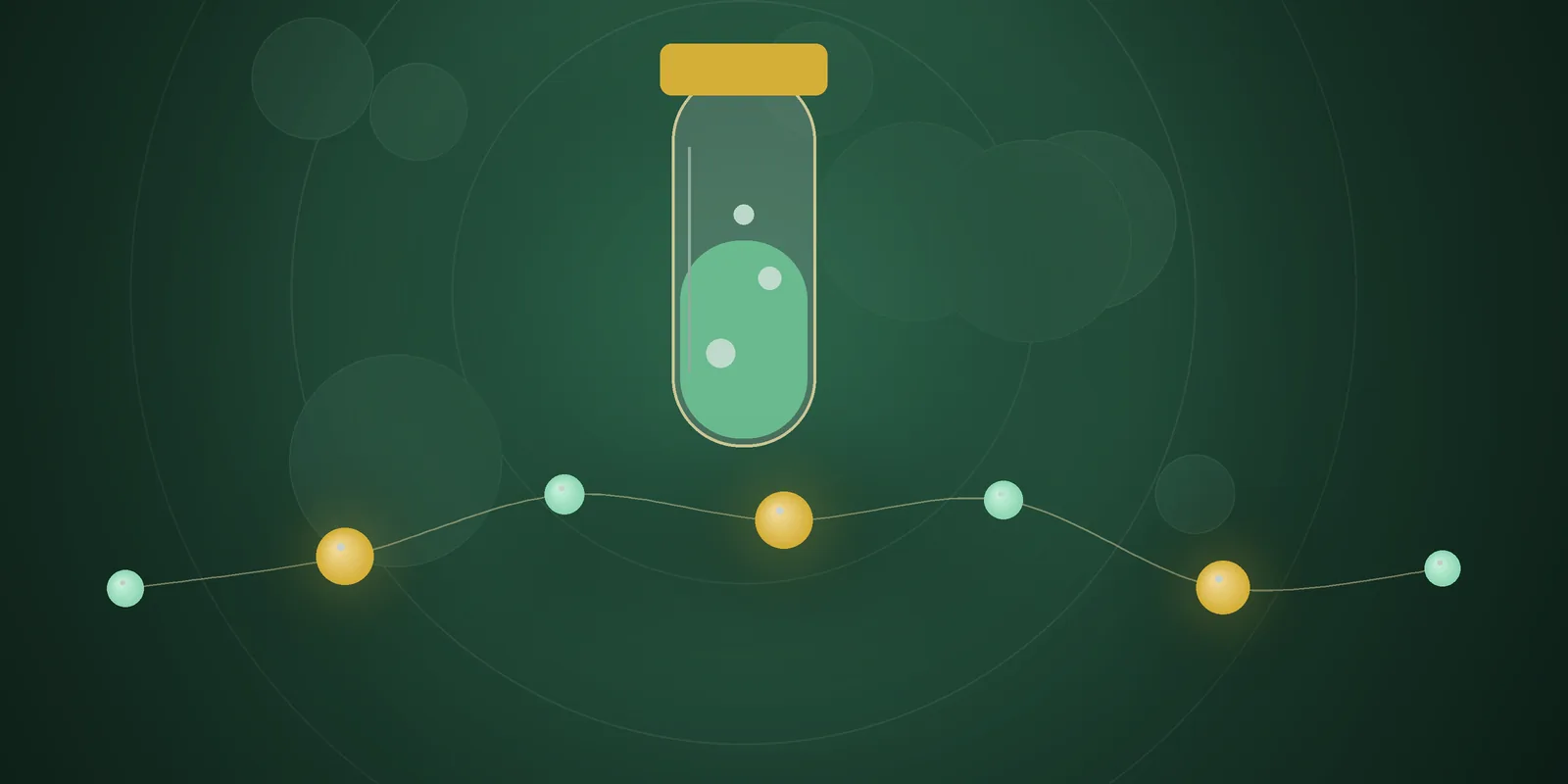 Illustrated cover: a lab vial with mint liquid and a gold cap on a deep green background