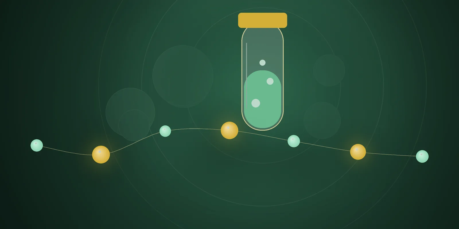 Illustrated cover: a lab vial with mint liquid and a gold cap on a deep green background