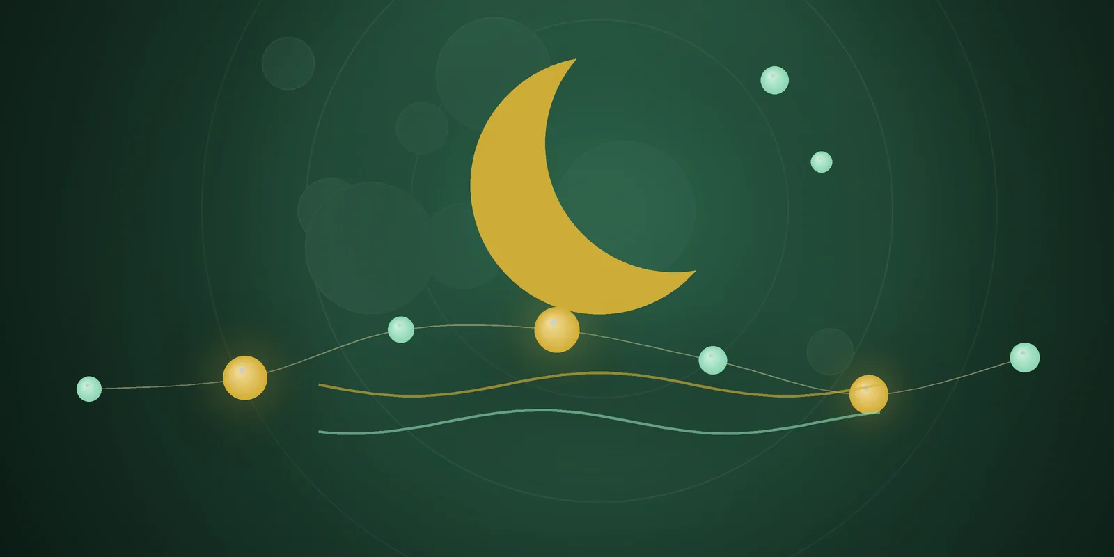 Illustrated cover: a gold crescent moon with mint stars over calm waves on a deep green background