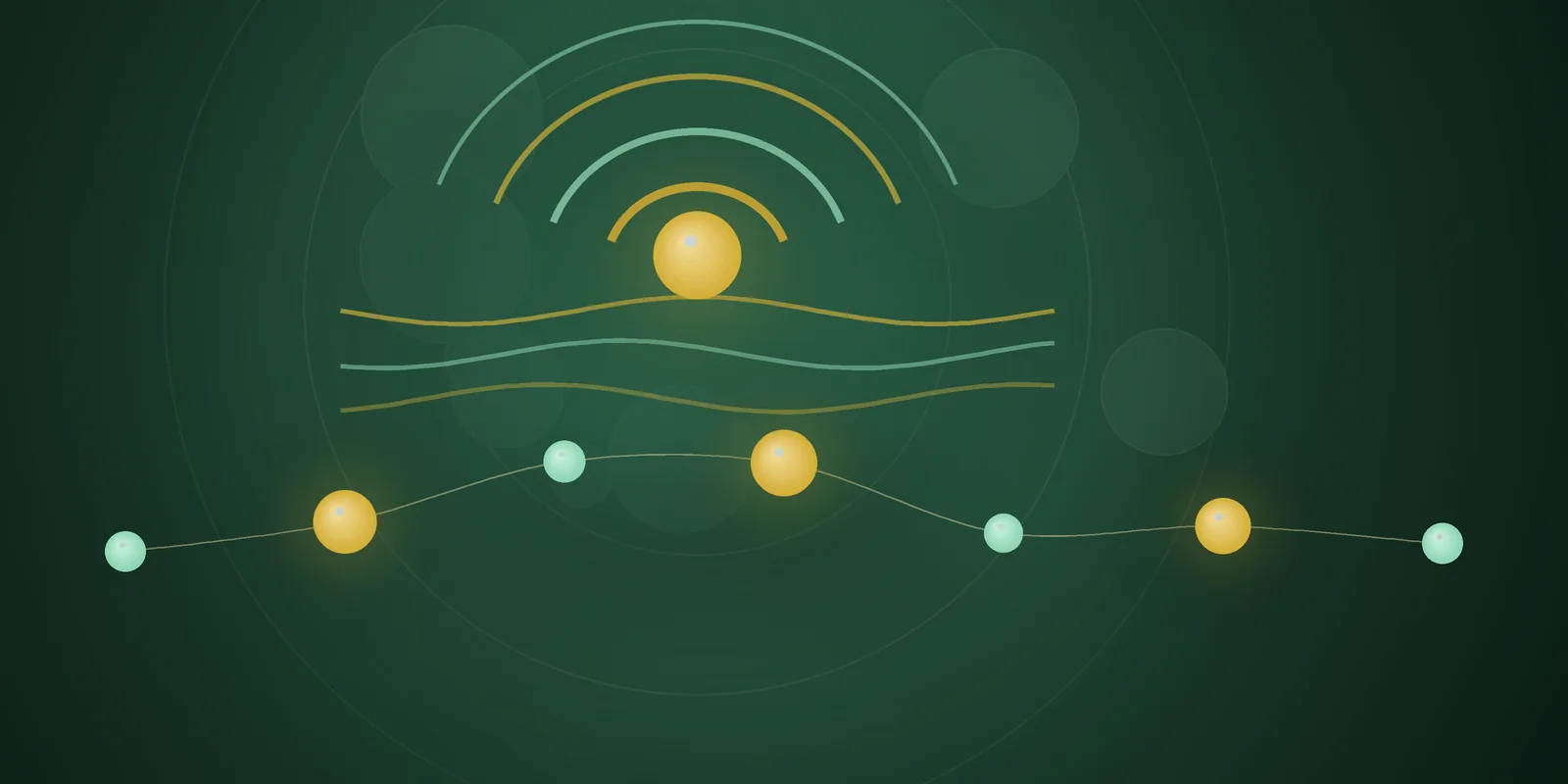 Illustrated cover: calm concentric arcs and gentle waves in gold and mint on a deep green background
