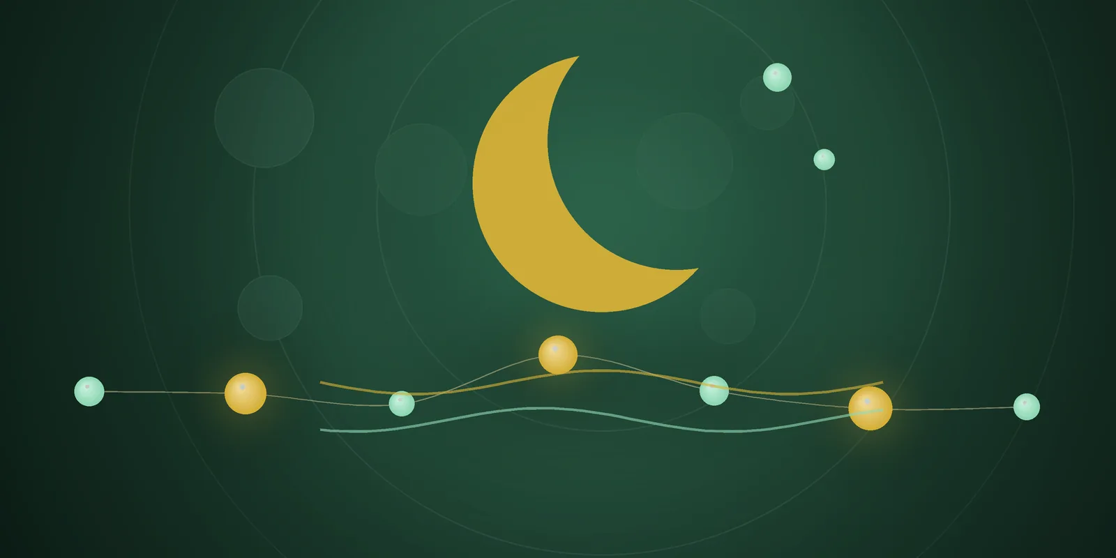 Illustrated cover: a gold crescent moon with mint stars over calm waves on a deep green background