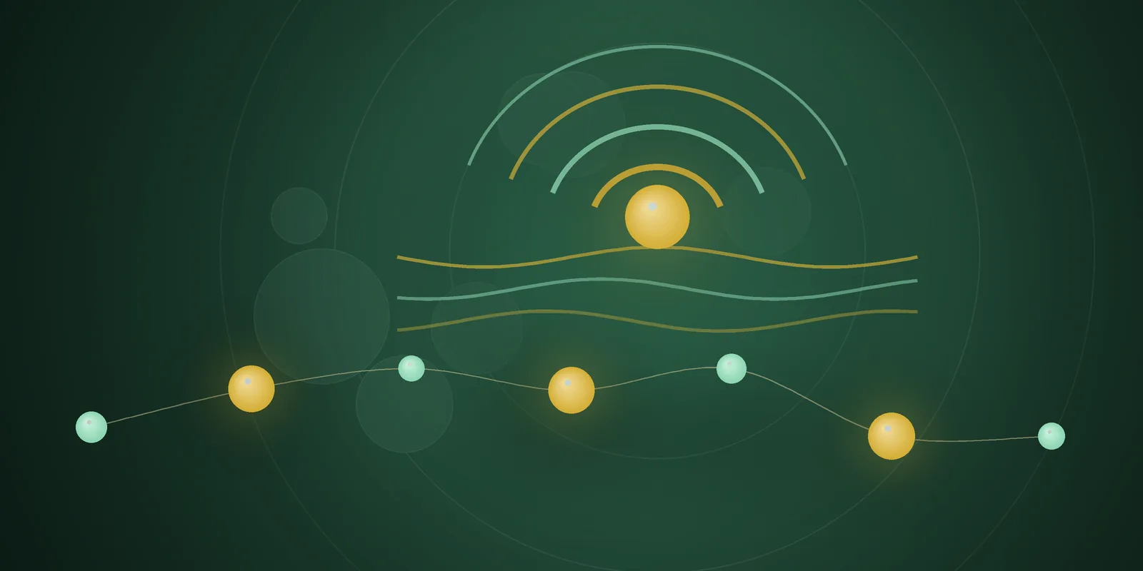 Illustrated cover: calm concentric arcs and gentle waves in gold and mint on a deep green background