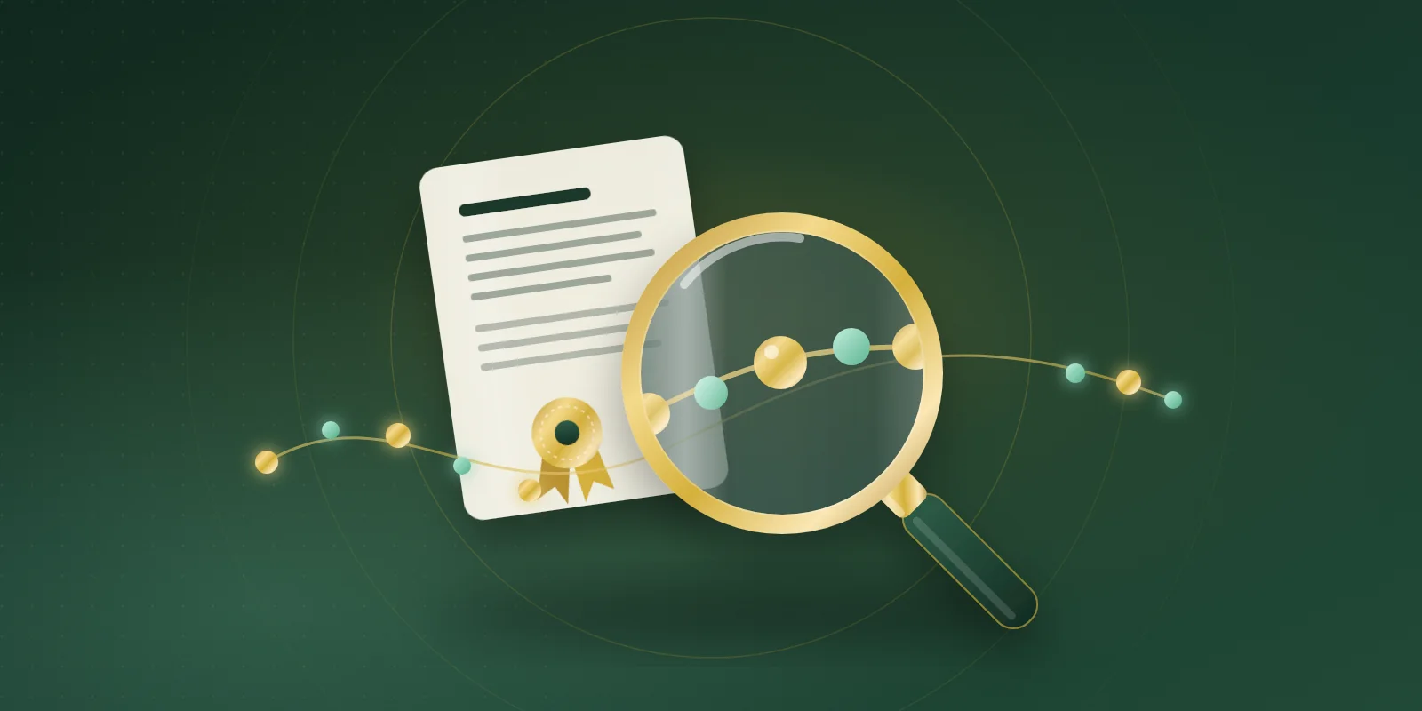 A gold magnifying glass enlarging a gold and mint amino-acid bead chain, set in front of a cream document with a gold ribbon seal on a deep green background