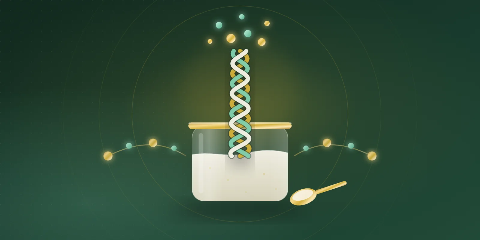A gold, mint and cream triple-helix rope rising from a glass jar of cream powder and loosening into small beads, with a gold scoop beside the jar