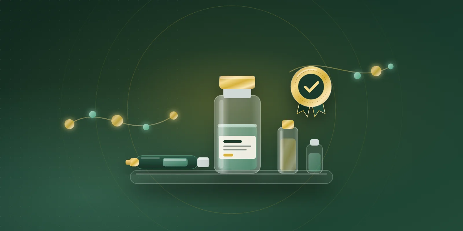 A labeled glass medicine vial, a pen injector and two small cartridges lined up on a glass shelf beside a gold approval seal with a check mark and ribbons on a deep green background
