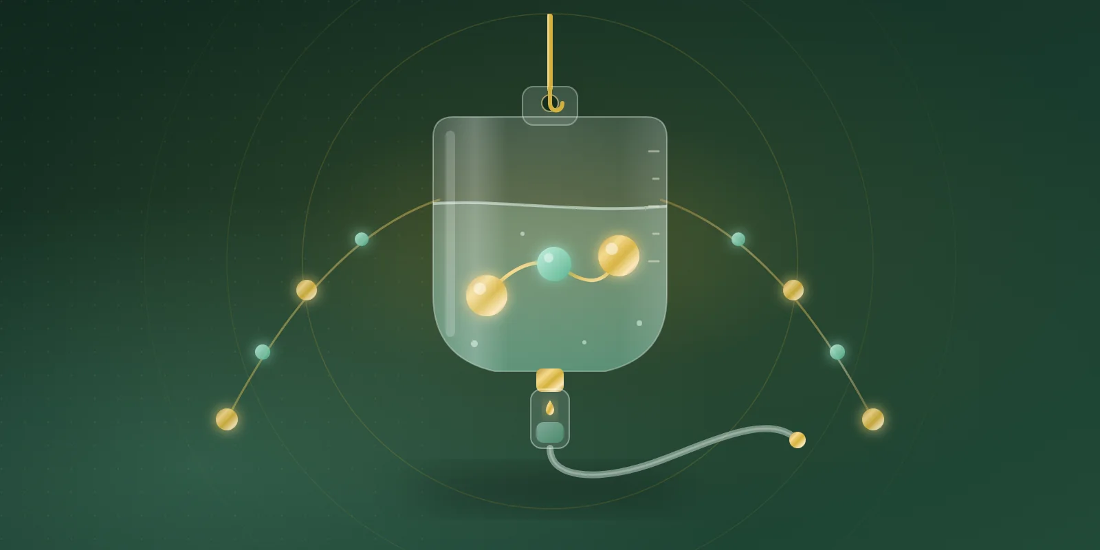 A glass IV bag holding a glowing three-bead gold and mint tripeptide, with a drip chamber and curling tubing, between two arcs of amino-acid beads