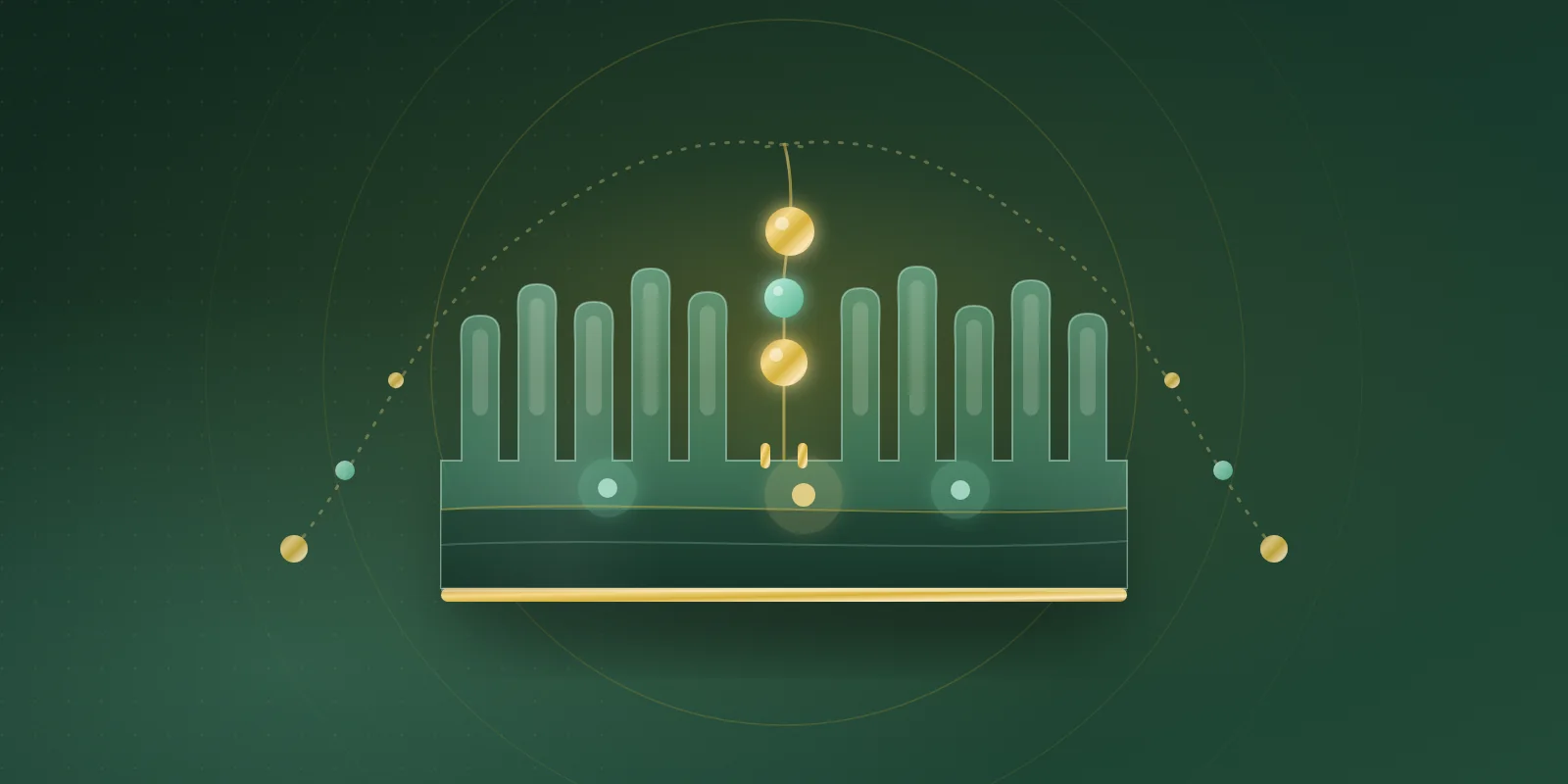 A side-view slab of intestinal lining with mint villi, and a three-bead gold and mint tripeptide descending into a gap between them