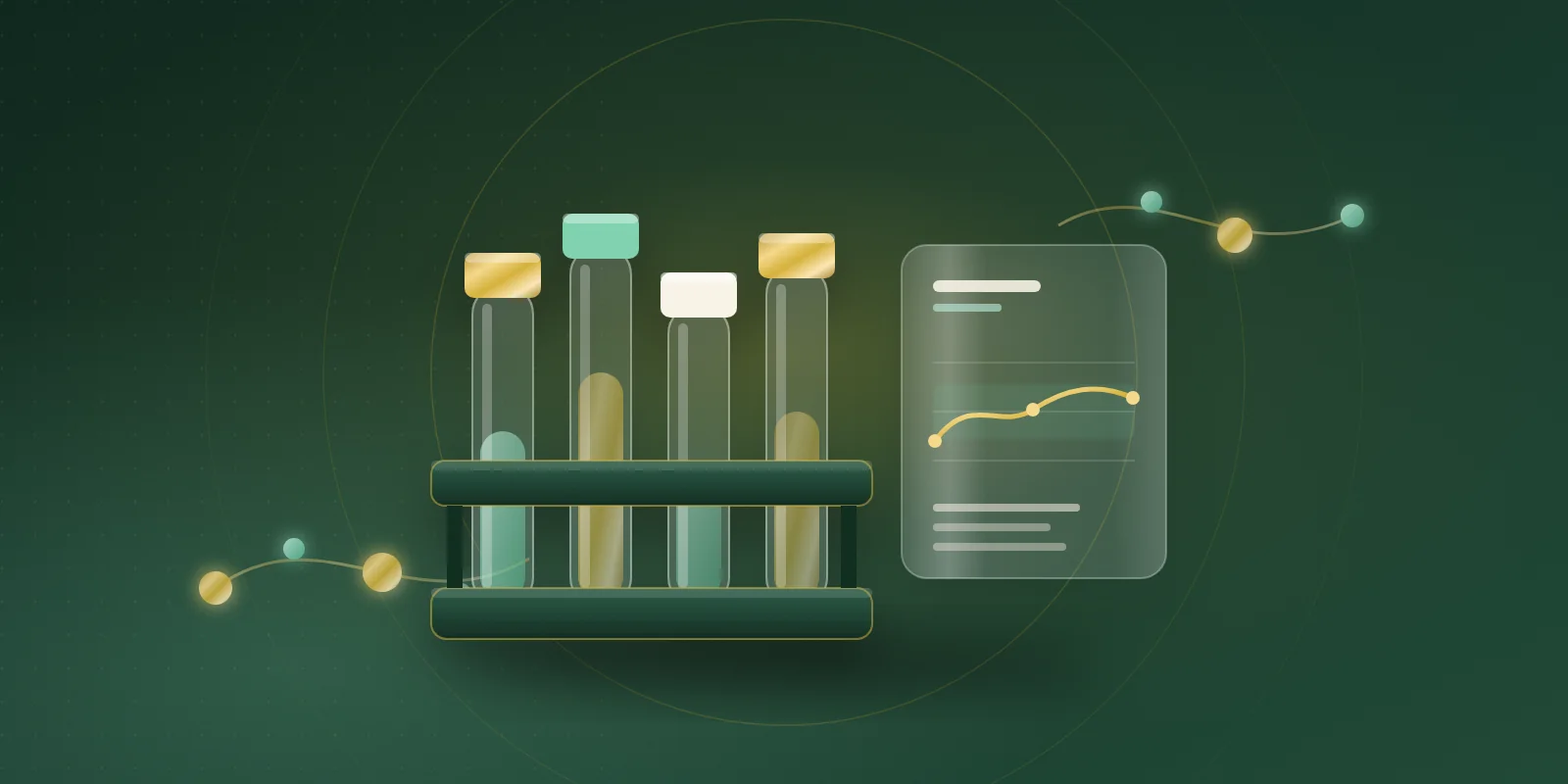 Four glass sample tubes with gold, mint and cream caps standing in a dark green rack beside a frosted glass results card showing a gold trend line
