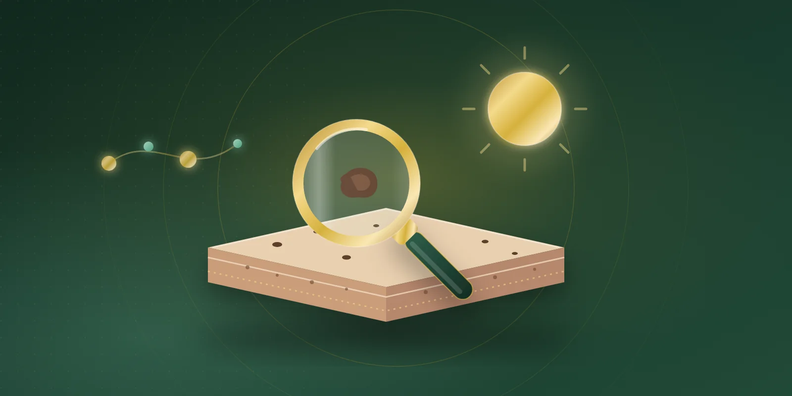 A gold magnifying glass enlarging an irregular dark mole on an isometric cross-section of skin, with a glowing gold sun overhead on a deep green background