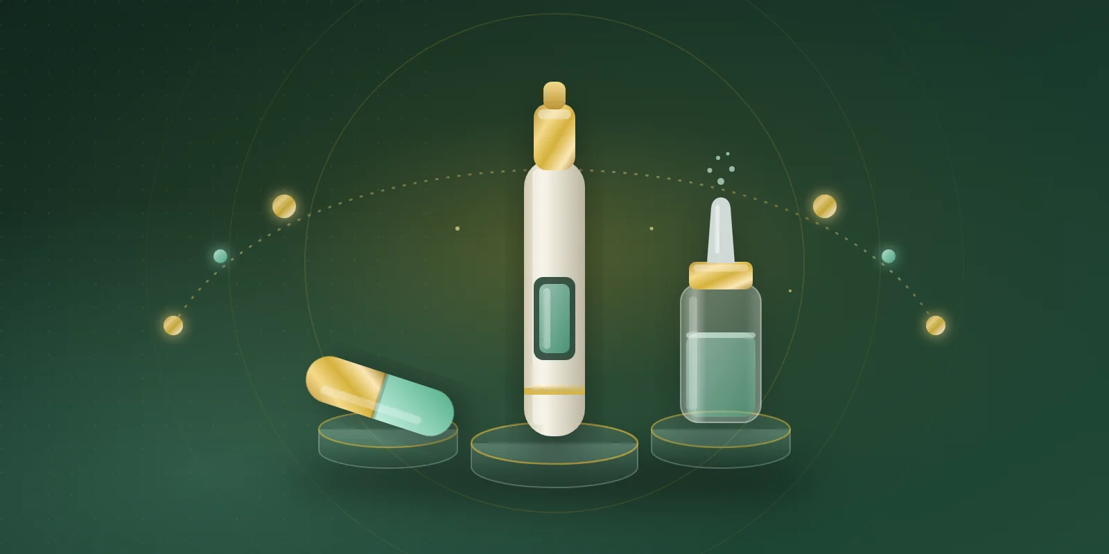 A gold and mint capsule, an upright cream pen injector and a glass nasal spray bottle on three gold-rimmed glass pedestals under a dotted gold arc of amino-acid beads