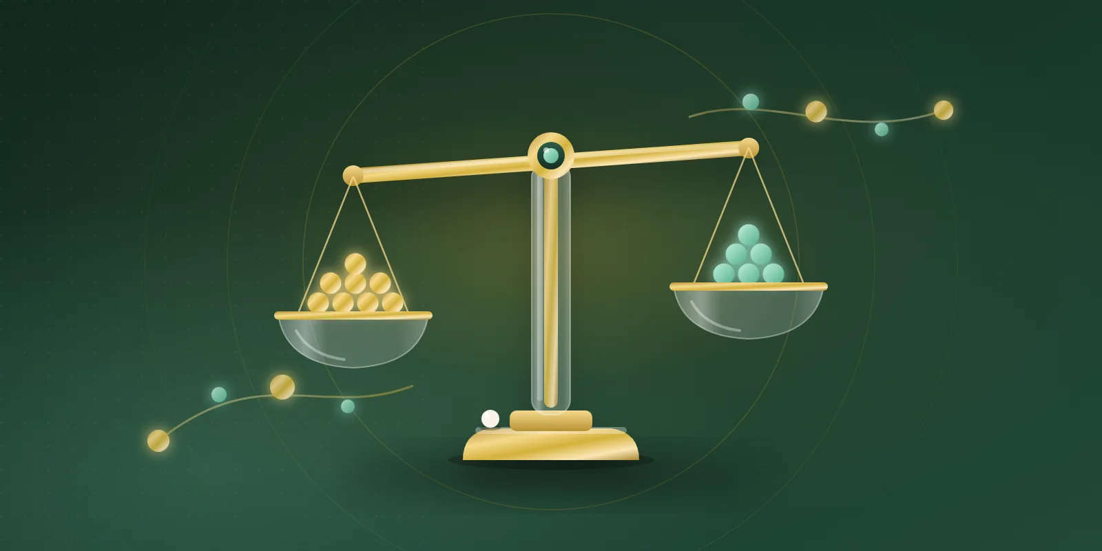 A balanced gold scale on a deep green background, its left glass pan holding eight gold beads and lower than the right pan holding six mint beads, with a single cream bead resting on the base