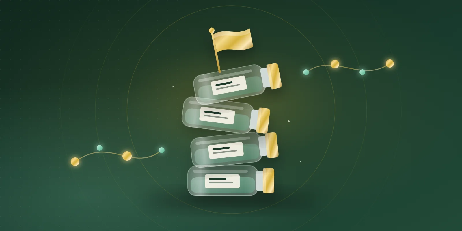 A teetering tower of four glass vials with gold caps stacked on their sides, topped by a small waving gold flag, with gold and mint bead chains drifting on either side