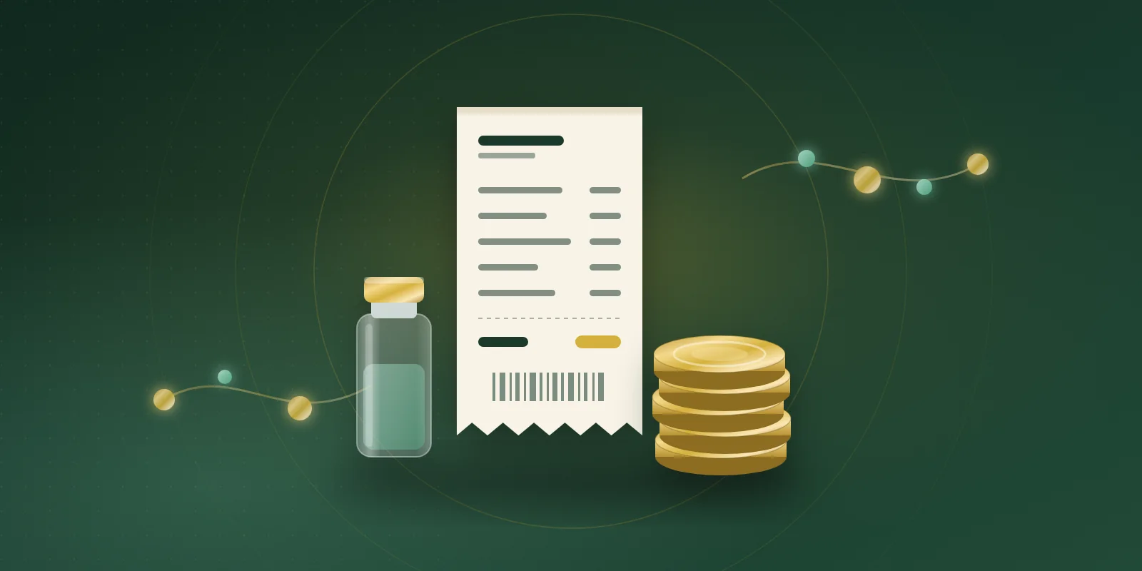 An itemized cream paper receipt with a torn zigzag edge standing between a small glass vial and a stack of gold coins on a deep green background