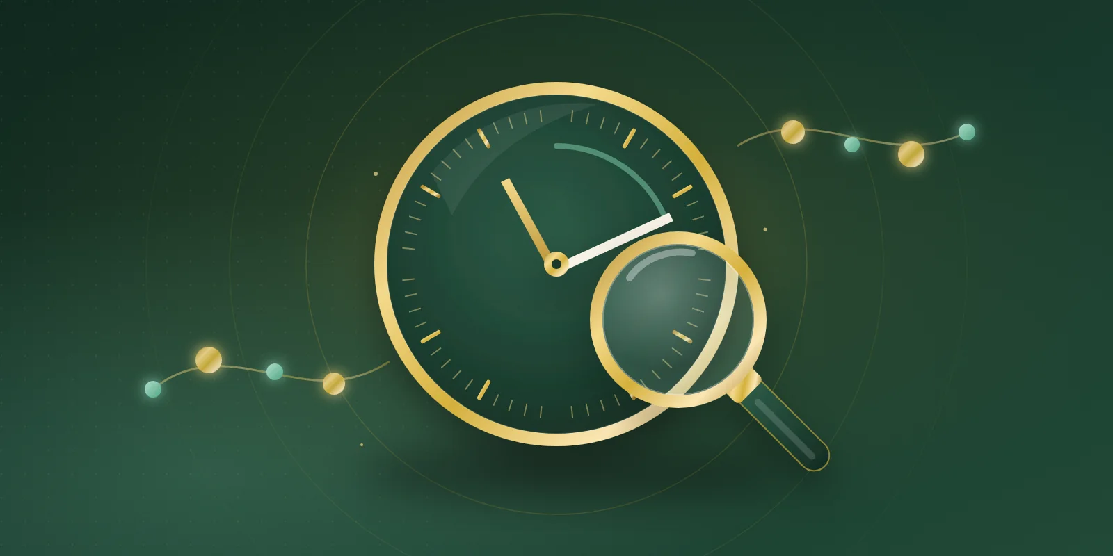 Gold-rimmed dark green clock face with a mint arc of time, examined closely by a gold magnifying glass, with gold and mint amino-acid beads nearby