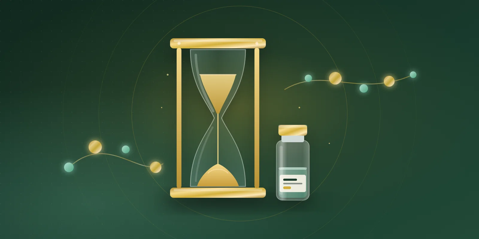 Gold-framed glass hourglass with sand falling, beside a small gold-capped prescription vial, with a gold and mint amino-acid bead chain on a deep green background
