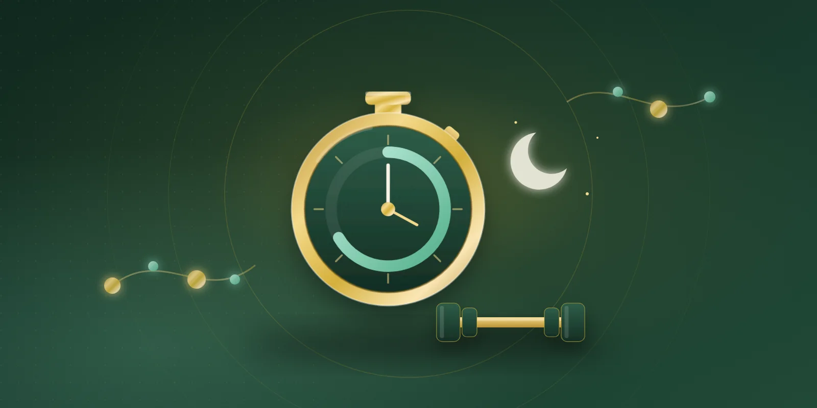 A gold stopwatch with a mint recovery ring on its dark green dial, a resting dumbbell in front and a glowing crescent moon beside it on a deep green background
