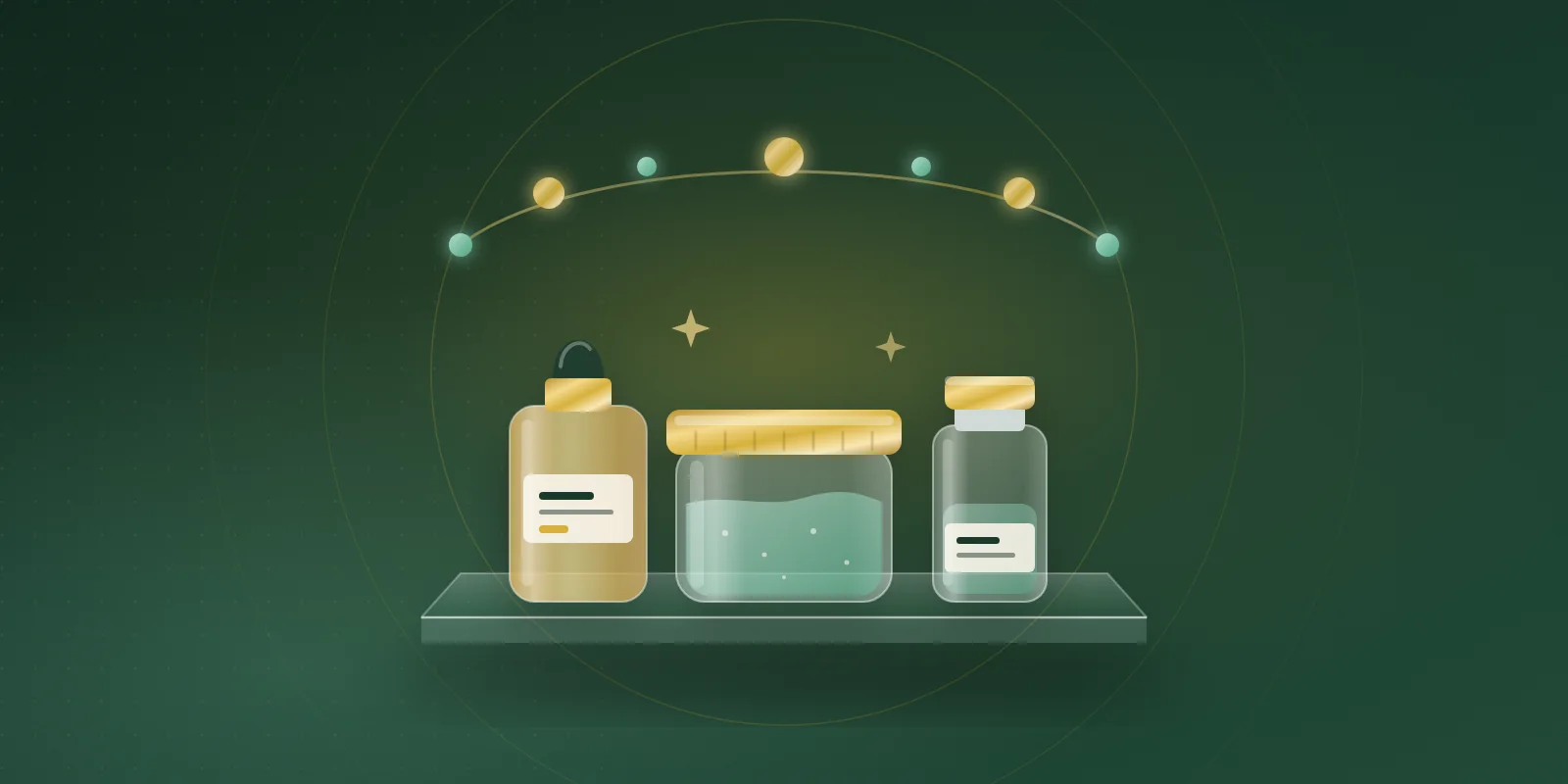 Three glass objects on a frosted glass shelf against deep green: a gold-capped serum dropper bottle, a small jar of mint collagen powder and a capped vial, arranged in a row with a gold and mint amino-acid bead chain arcing above
