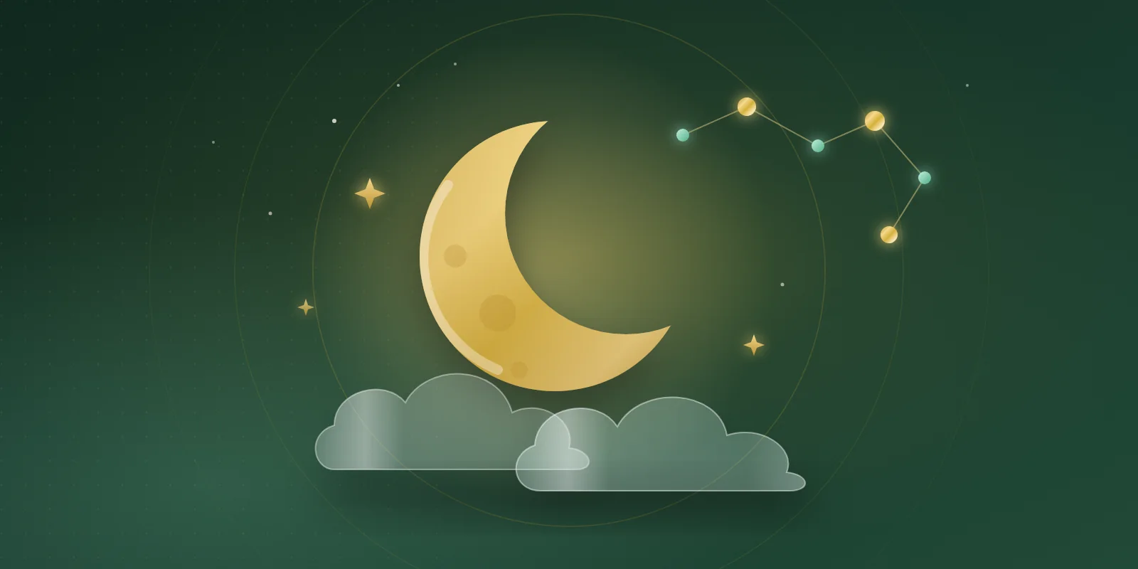 A metallic gold crescent moon above two translucent glass clouds, with a constellation of gold and mint beads linked by fine gold lines and small gold sparkles