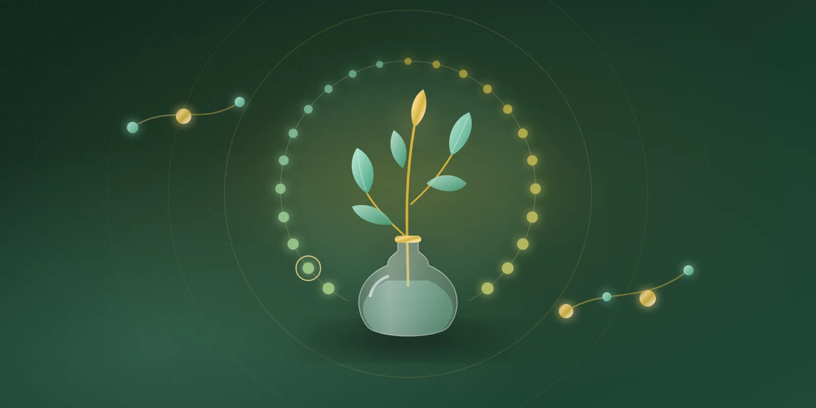 A glass bud vase holding a mint and gold botanical sprig at the center of a ring of small dots that shift from gold to mint like a cycle, on a deep green background with an amino-acid bead chain