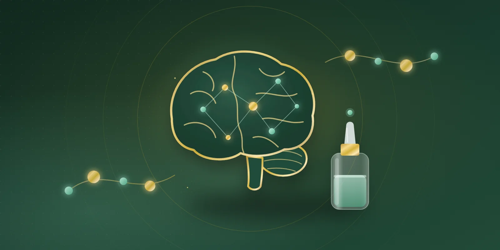 Gold line-art side view of a human brain with glowing mint and gold neural nodes, beside a small glass dropper bottle of mint liquid
