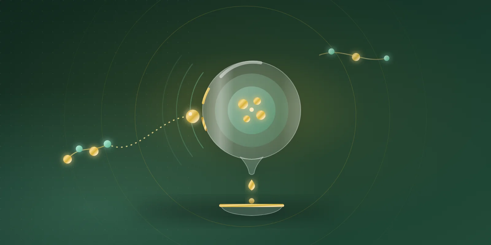 A short gold and mint peptide chain sending a gold bead along a dotted path to a luminous glass orb holding gold granules, which releases a gold droplet into a small glass dish