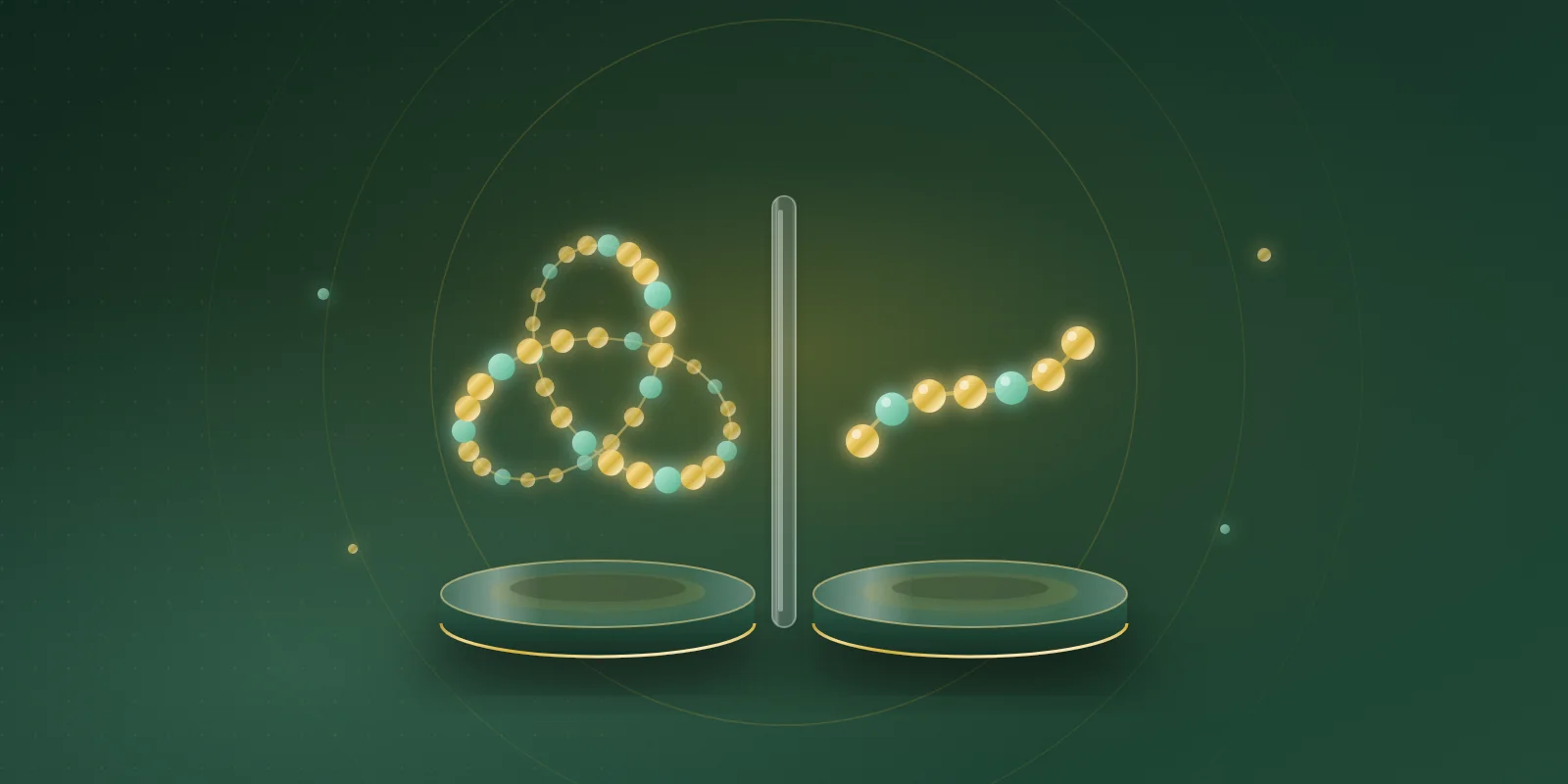 Two glass pedestals divided by a thin glass pane: on the left a large knotted chain of many small gold and mint beads, on the right a short chain of seven larger beads