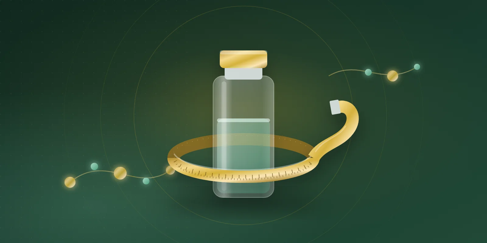 A glass medicine vial with mint liquid encircled by a curling gold tape measure, with gold and mint bead chains on a deep green background