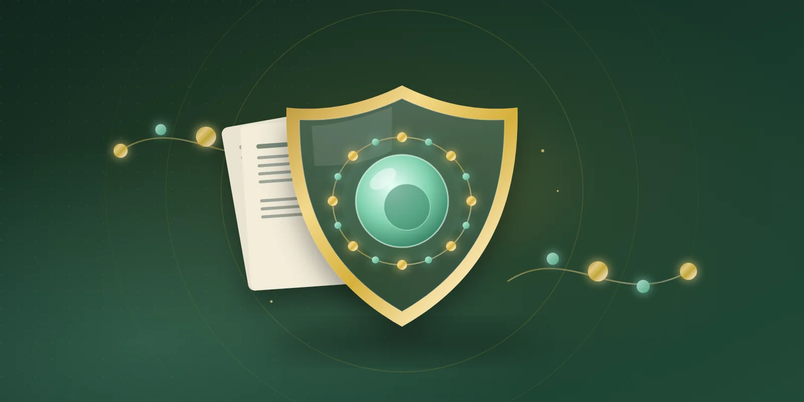 Gold-rimmed glass shield holding a mint immune cell ringed by gold and mint amino-acid beads, in front of a stack of cream research papers
