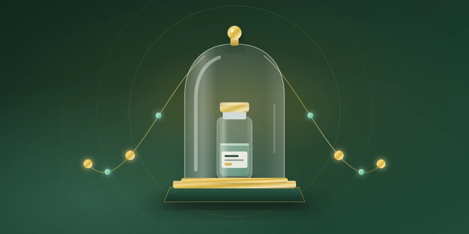 A labeled glass vial with a gold cap sheltered under a tall glass bell jar with a gold knob, standing on a gold and dark green plinth, with a bead chain curving around it
