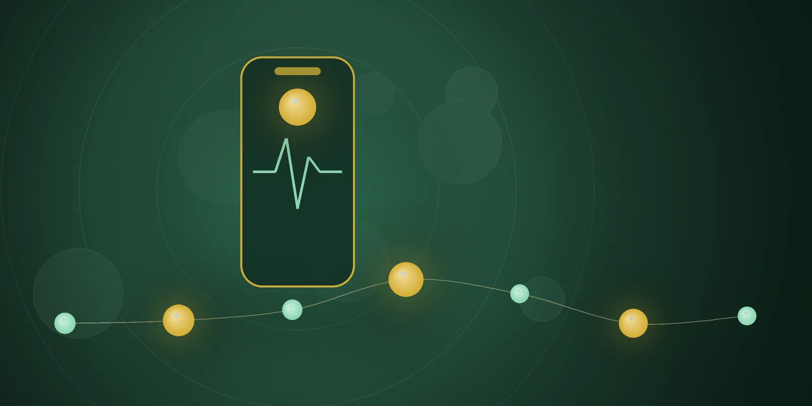 Illustrated cover: a phone showing a pulse line with a gold bead on a deep green background