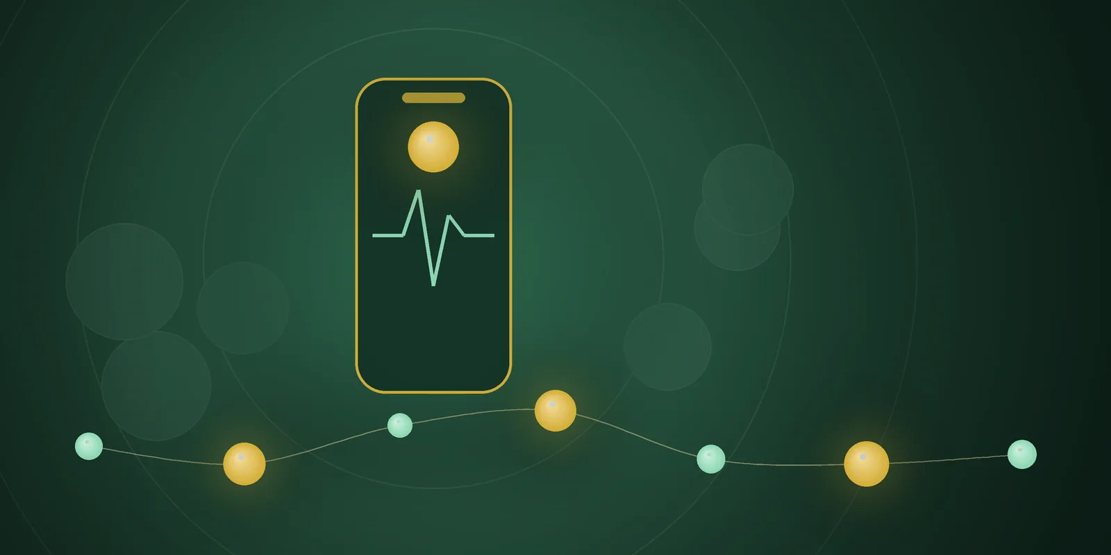 Illustrated cover: a phone showing a pulse line with a gold bead on a deep green background