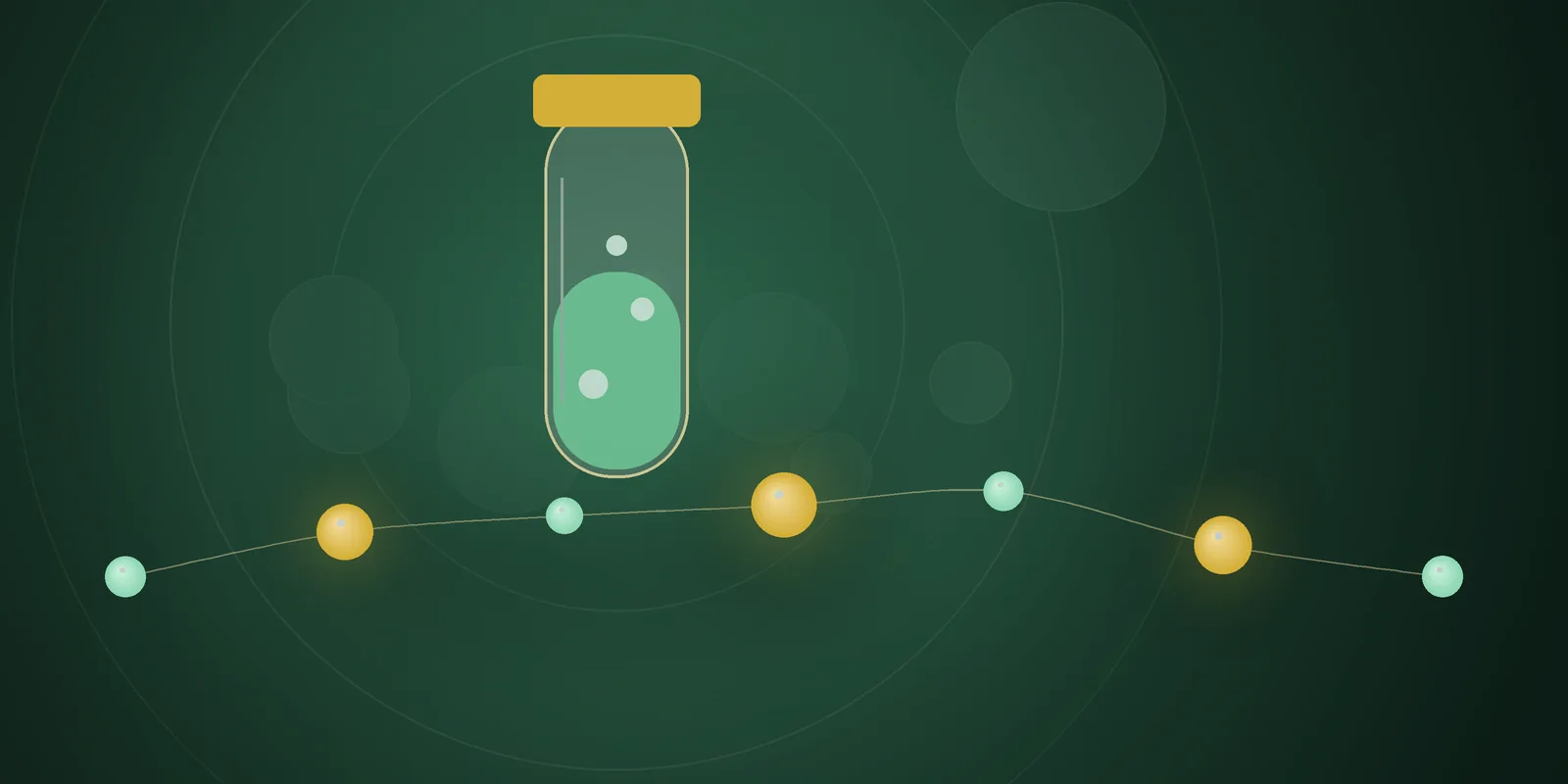Illustrated cover: a lab vial with mint liquid and a gold cap on a deep green background