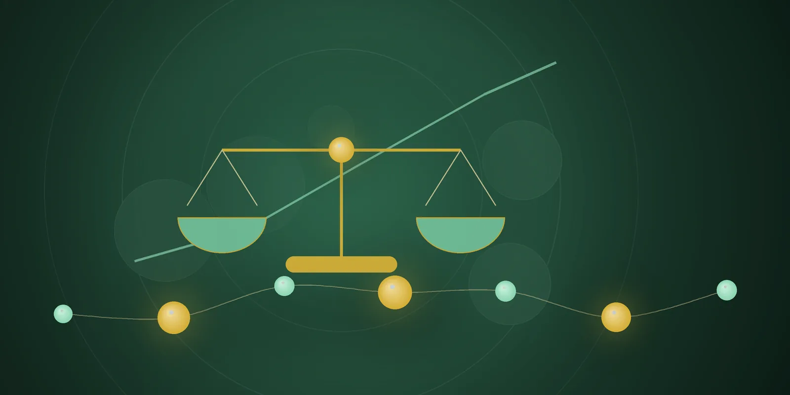 Illustrated cover: a balance scale with a rising curve in gold and mint on a deep green background