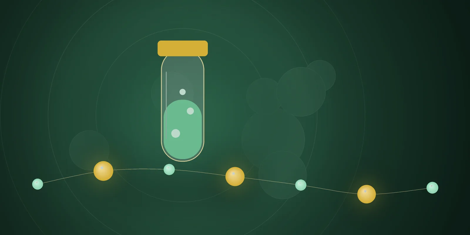 Illustrated cover: a lab vial with mint liquid and a gold cap on a deep green background